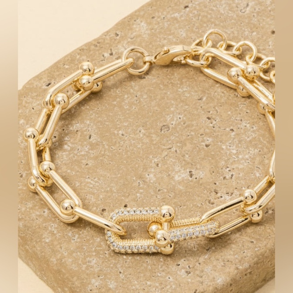 Gold Dipped Cz Pave U Link Chain Bracelet
